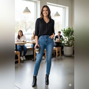 Women's DUBGEE by Whoopi Goldberg Black Woven Button up Shirt Trim Sleeves-L